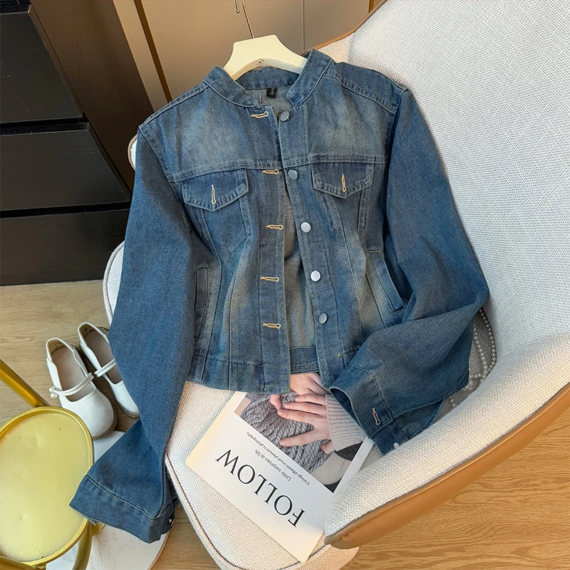 

Wedbleser Retro Blue Stand Up Collar Long Sleeved Denim Jacket Summer 2025 Casual Age Reduction Single Breasted Loose Top
