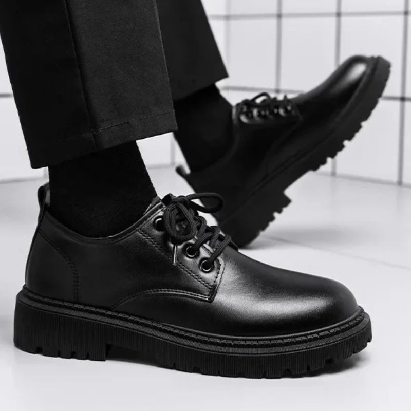 

Men's Business Formal Shoes: Pure Black Low-heeled, Wear-resistant, Lace-up, Casual and Simple Style, Versatile Leather Shoes