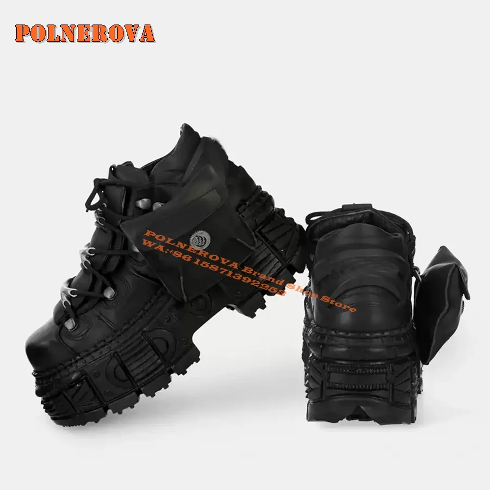 

Pocket Platform Cross Tied Cyberpunk Motorcycle Boots Round Toe Thick Sole Metal Decoration Heavy Work Retro Ankle Boots Newest