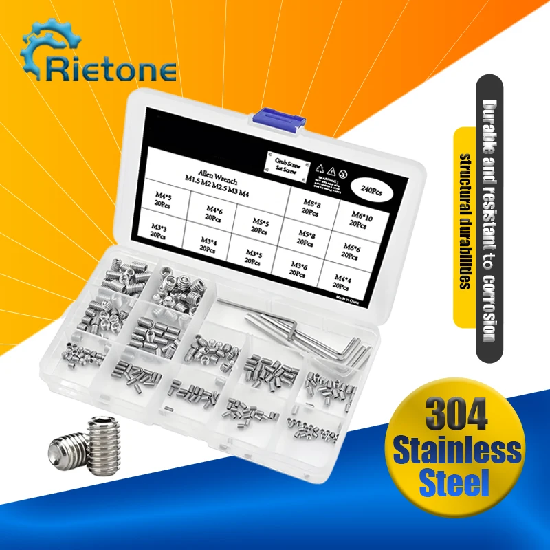 

240 Pcs Grub Screw M3 M4 M5 M6 Set Screw Hex Socket Bolt Kits in Box A2 304 Stainless Steel Door handles Faucet Bolts