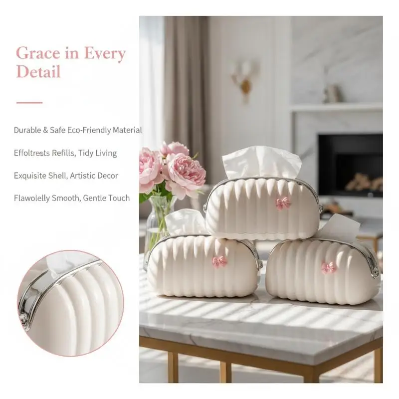 1Pcs Cream Shell Shaped Tissue Box With Cute Pink Bow Decor Textured Surface