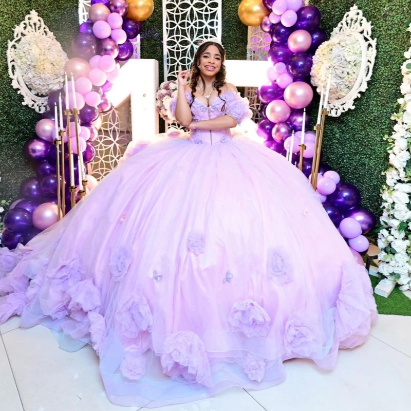 

Lavender Shiny Quinceanera Dresses Off The Shoulder Flower Bow Beading Pink Lining Corset Party Birthday Sweet 16 Dress Vestidos