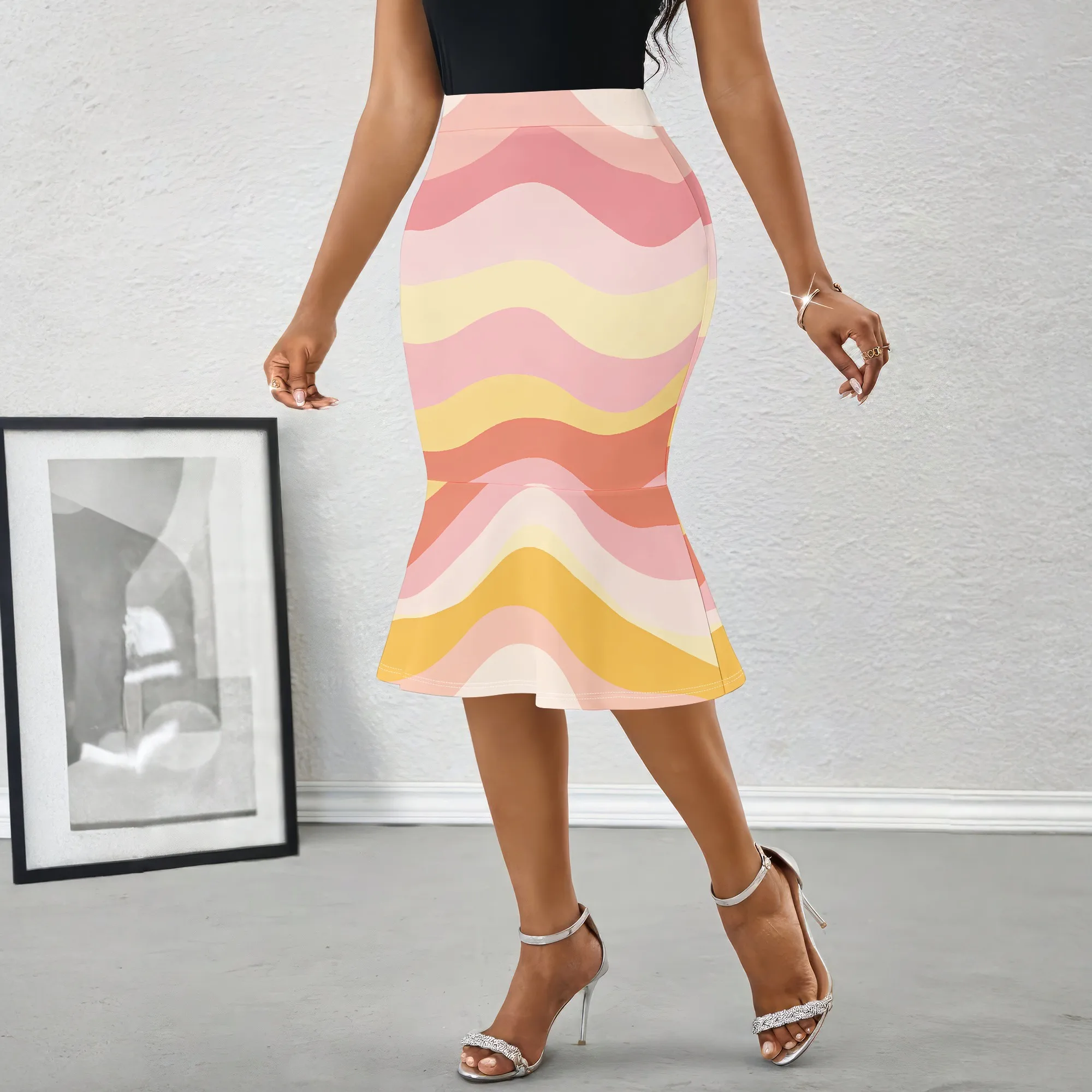 Wavy Print Midi Skirt, Pink Yellow Waves Pattern Pencil Skirt, Bodycon Style Office Party Wear, S-2XL