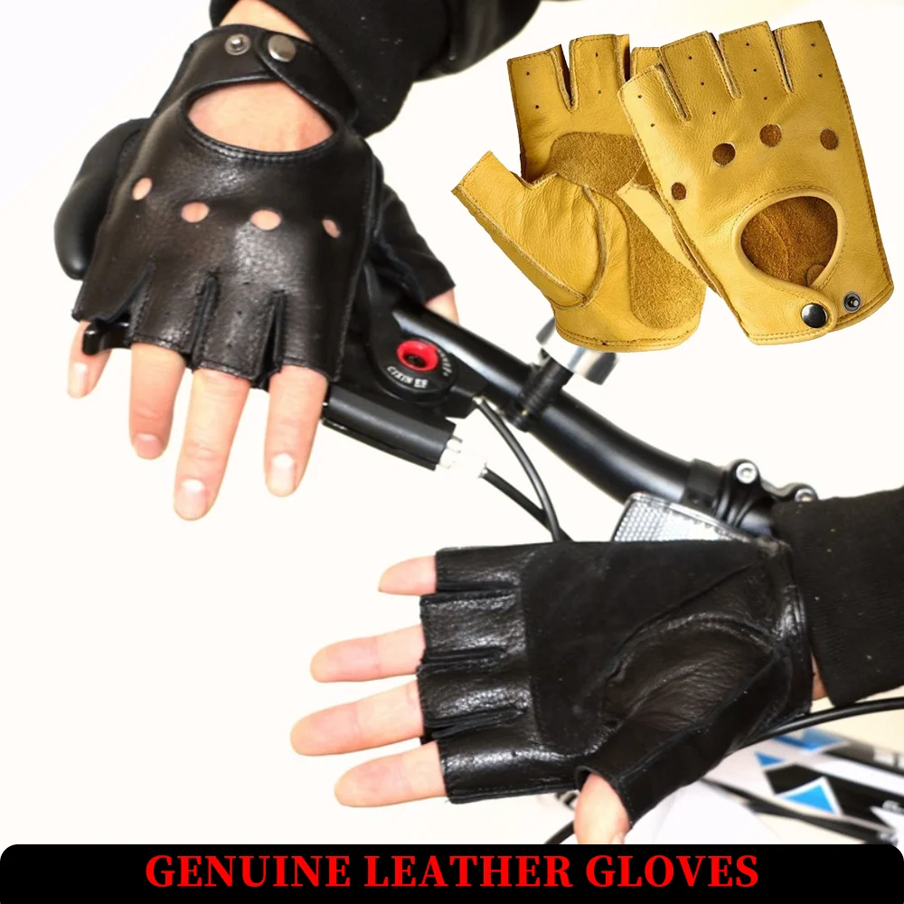 Guantes de piel de vaca de medio dedo para motocicleta, guantes de trabajo deportivos antideslizantes, equipo de entrenamiento y equitación, guantes de bicicleta con costura inversa
