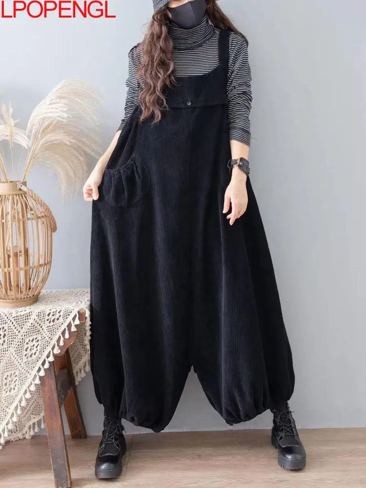 Herfst En Winter Nieuwe Effen Kleur Corduroy Oversized Overalls Vrouwen Losse Casual Bloeier Wijde Pijpen Broek Een Stuk broek Trend