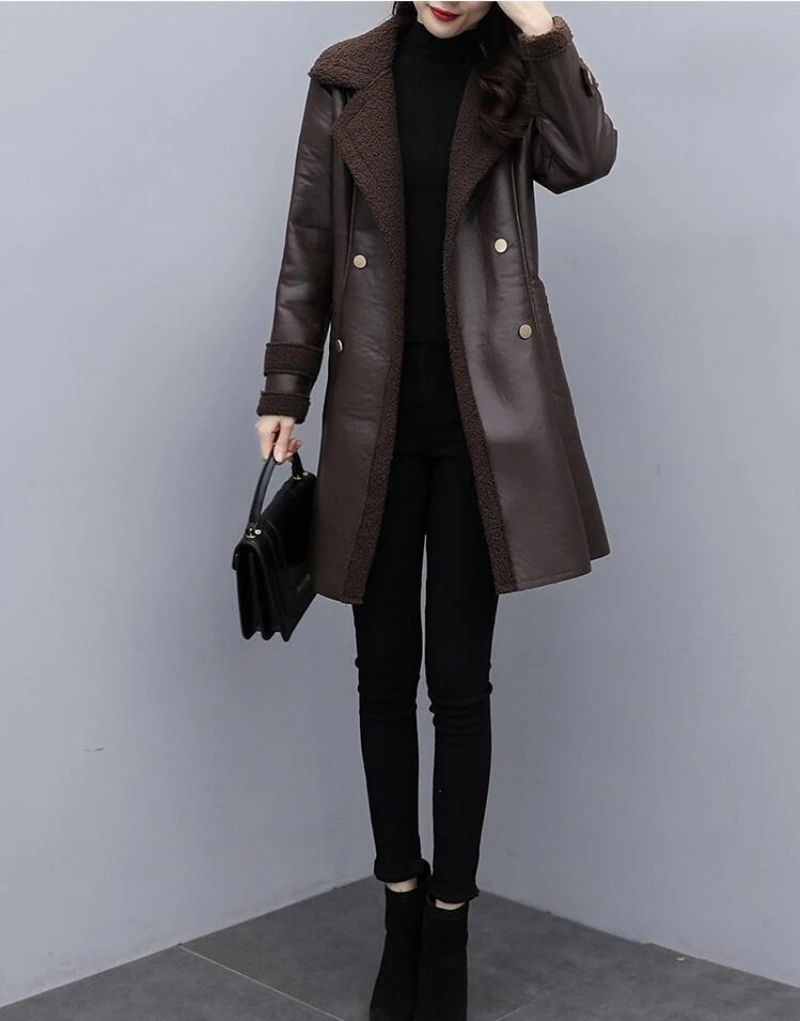 Leather Jacket For Women Fall 2023 New Lace-up Slim Fur Collar Casual Outer Wear Thick Fur Liner Leather Jacket Winter