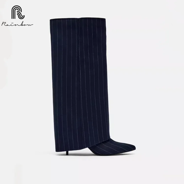 RAINBOW 34-43 New Blue Stripes Sexy Autumn Winter Shoes Women Knee High Boots High Heels Pointed Toe Party Female Lady designer