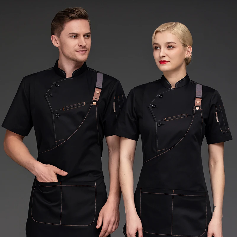 Camisas de Chef para hombres y mujeres, uniformes de cocina, ropa de trabajo para panadería, Bar, chaqueta de Chef, delantal impermeable, restaurante, camarera, negro