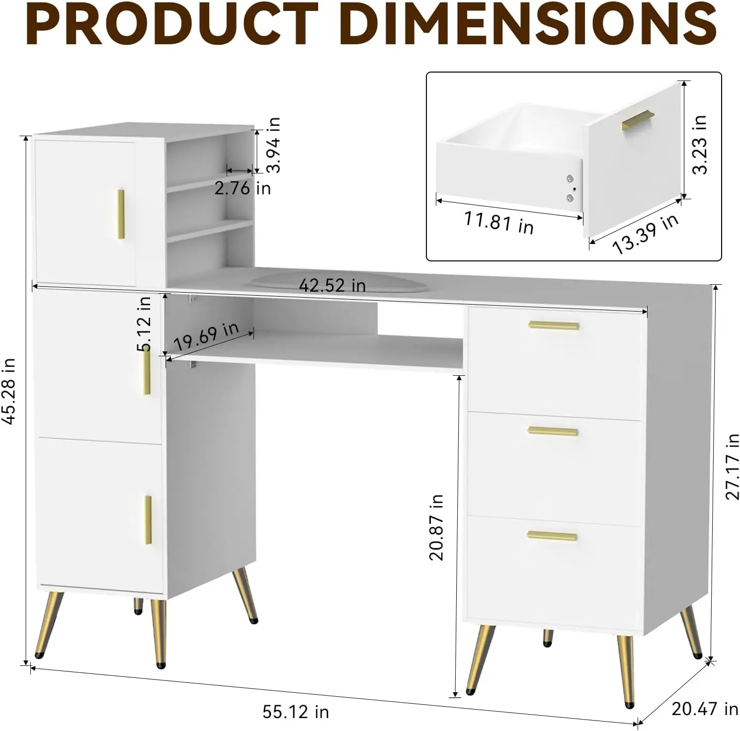 Escritorio portátil para uñas con cajones, mesa de manicura blanca, estación para uñas, esquina de salón en forma de L con estantes, equipo para decoración de uñas