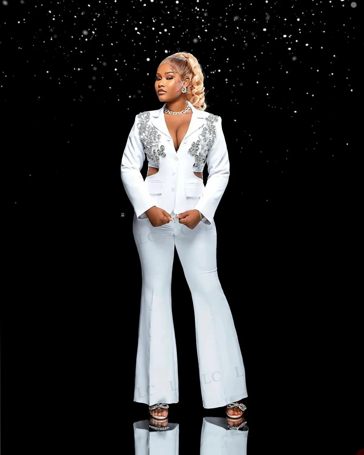 Carved Crystal Women Pants Suits 2 Pcs Plus Size Pocket Blazer Customized Wedding Guest Evening Celebrity Party Show Outfit