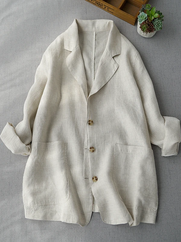 

Loose Casual Cotton Linen ort Coat for Women Brand Button Korean Japanese Sle Casual Long Sve Suit Jaet
