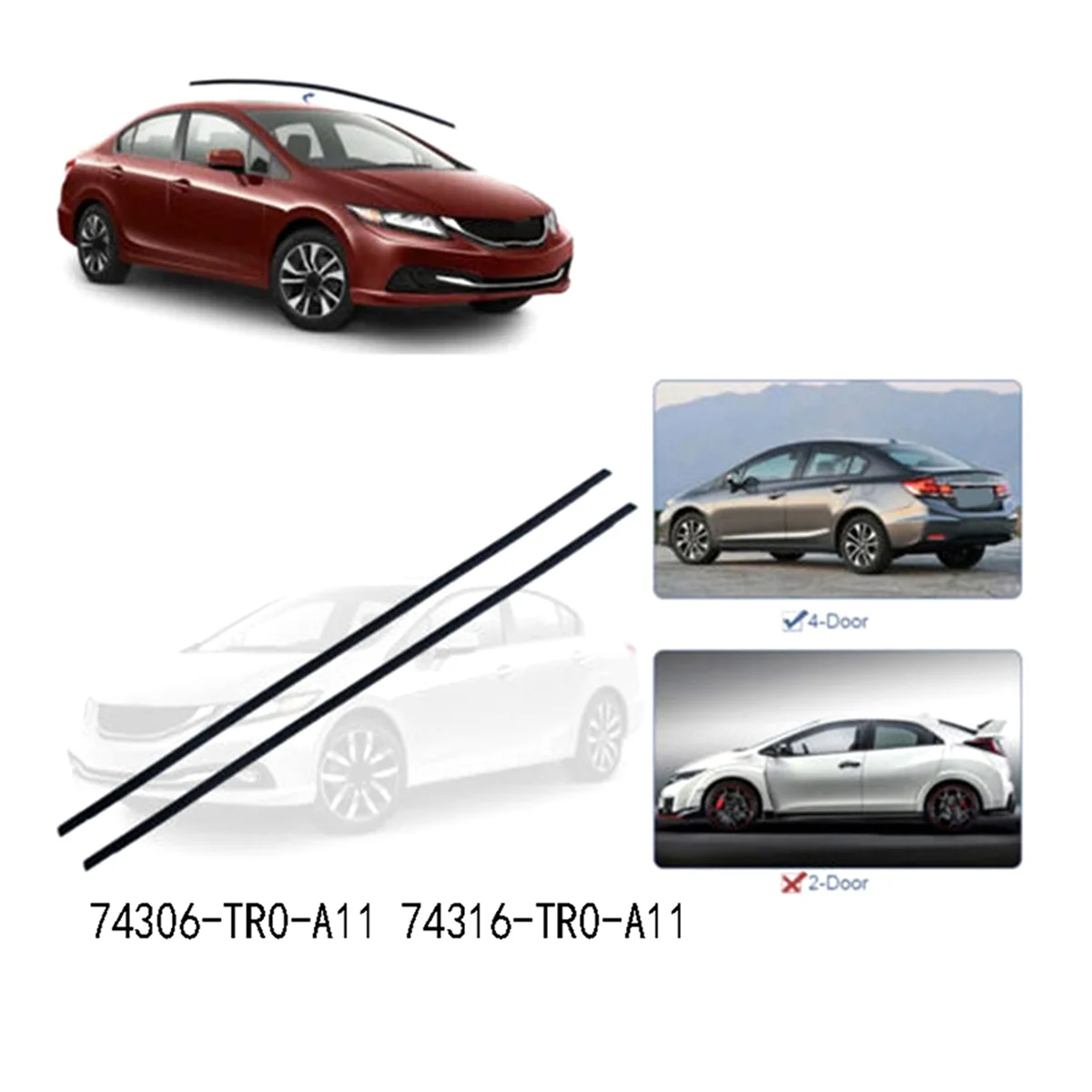 74306-TR0-A11 2PCS Left Right Car Roof Moulding Trims for Honda Civic 4 Door 2012-2015 74316-TR0-A11