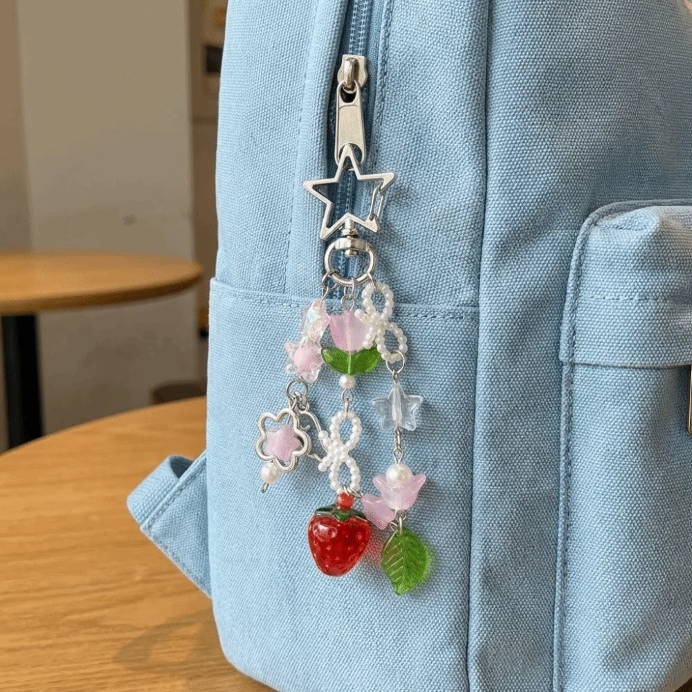Accessories Sweet Beaded Phone Chain Strawberry Design Cute Flower Bag Charm Tassel Acrylic Keychain Strap Coquettish Style