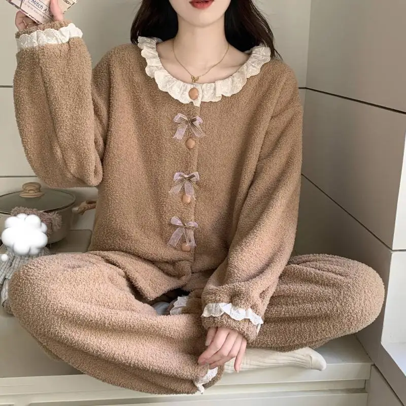 

Женский пижамный комплект из кораллового флиса, милая осенне-зимняя коллекция на флисовой подкладке, уютная теплая удобная домашняя одежда