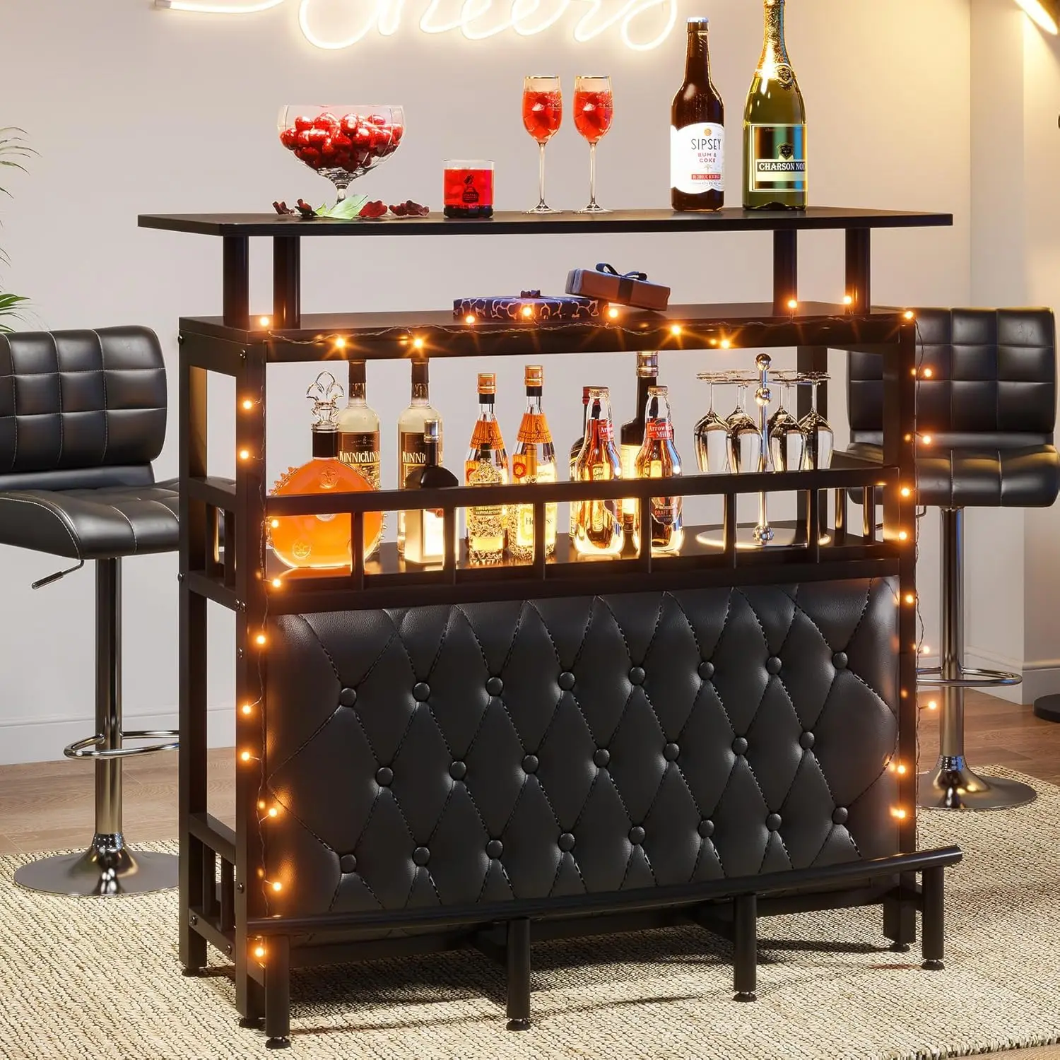 Tribesigns Home Bar Unit pour liqueur, table de hauteur de barre de 44 pouces avec rangement, table de pub de divertissement noire, mini écharpes de chariots de bar