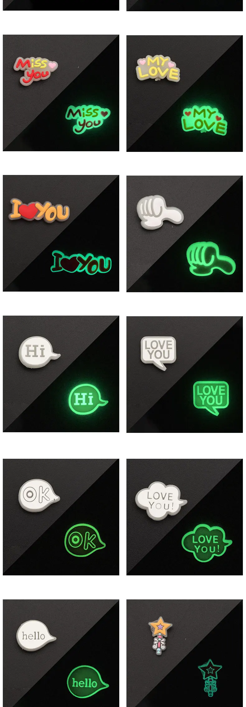 1PCS Luminous Shoe Charms Set for Clog Sandals Decoration DIY Shoe Charm Pins for Men Women Kids Letters Rainbow Food