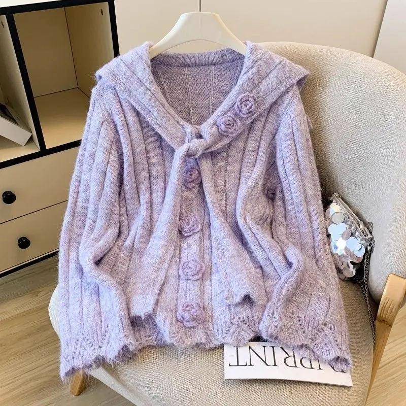 

Милый высококачественный уникальный шикарный французский вязаный свитер ручной работы с цветочным игривым темно-синим воротником, элегантный универсальный свитер