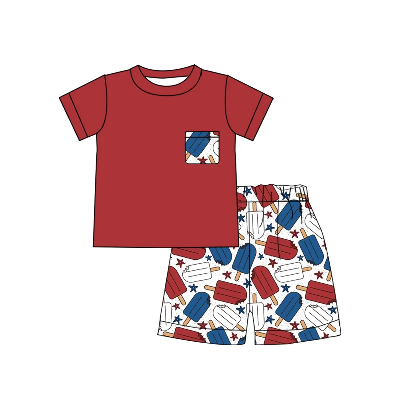 Boutique Kids Summer Costume Set Pentagram Popsicle Print Red White Blue 7.4 Independence Day Costume Baby Holiday Set