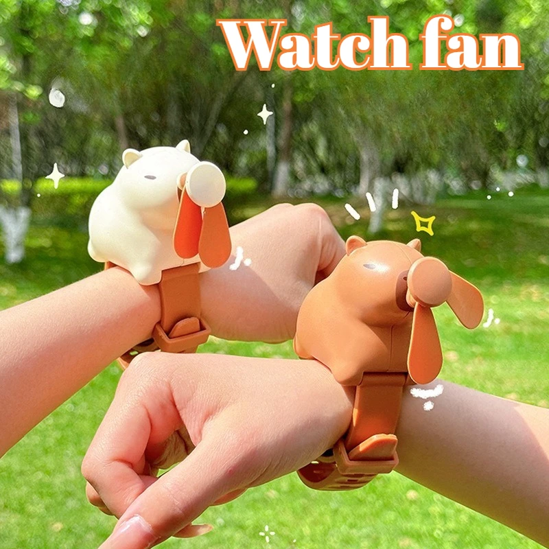 Cute Capybara Watch Fan USB Rechargeable Wrist Wearable Portable Mini Cooling Fan Silent High Speed Wind for Office School