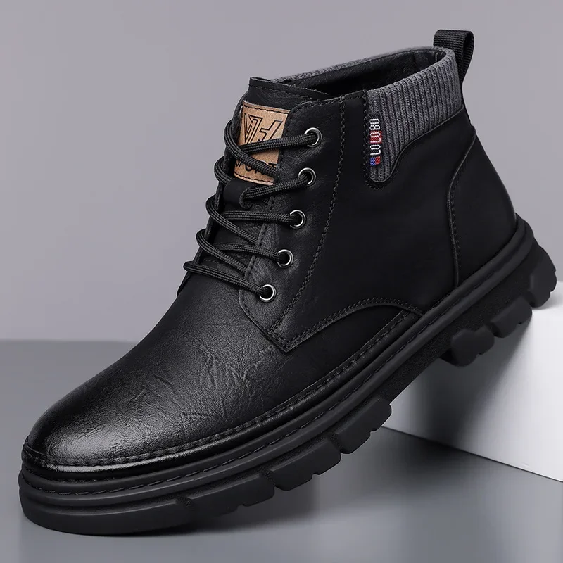 Modische Herren-Winter-High-Top-Schnürstiefel, mit Thermo gefüttert, warmes Leder, Freizeitschuhe, wasserdichte Outdoor-Stiefeletten mit Plateausohle