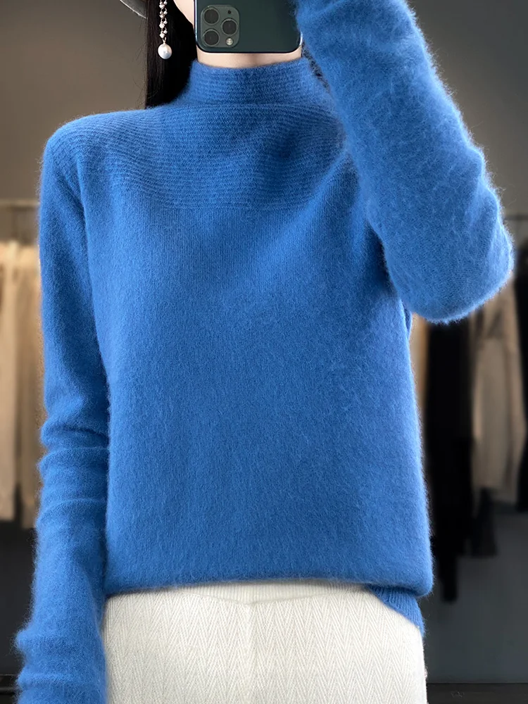 Fashion Women 100% Mink Cashmere Sweater Autumn Winter Mock Neck Knitwear Pullovers Soft Warm Female Jumper Long Sleeve Tops