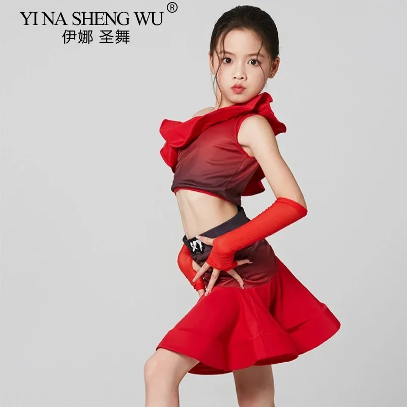

Red Girls Latin Dance Dress Set Ruffled Top Skirt Children's Cha Cha Rumba Ballroom Dance Wear Competition Performance Costume
