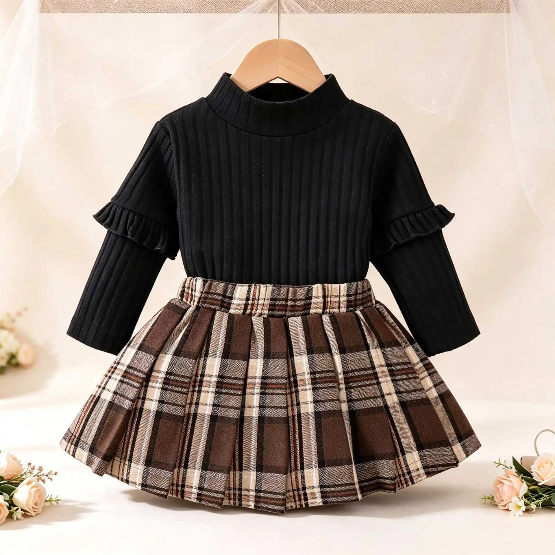 2026 Kids Spring Autumn Set New Ribbed Mid Neck Long Sleeve Top Plaid Pleated Skirt Nice Elegant Trendy