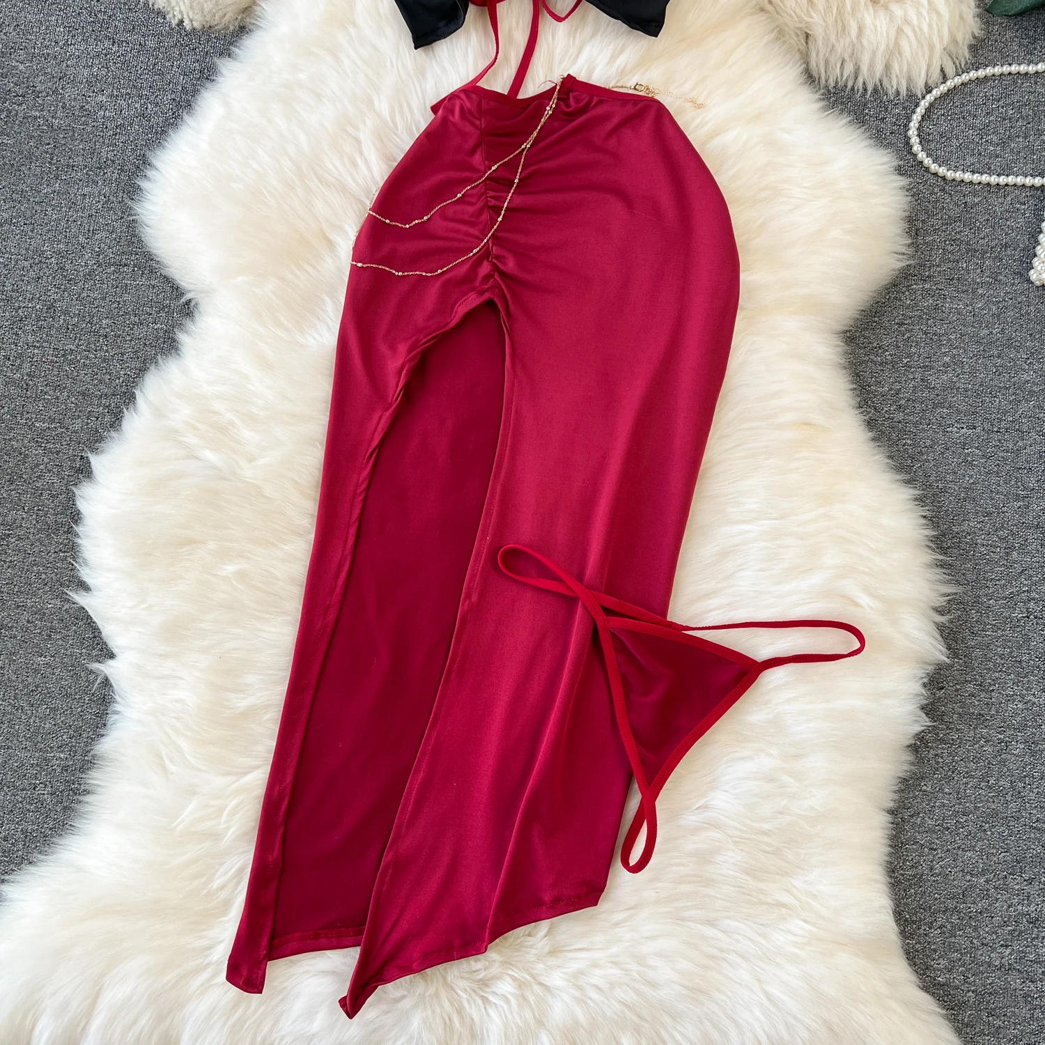 Sexy Halter Crop Top Low Waist Pleated High Slit A-line Skirt Waist Chain Underwear Four Pieces Set Red Rose Hotsweet Nightdress