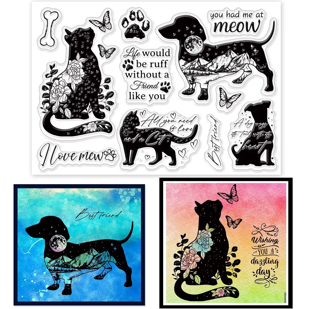 Sellos transparentes de silueta de perros y gatos para bricolaje, álbum de recortes, flores, paisaje, silueta, sellos transparentes de silicona para hacer tarjetas