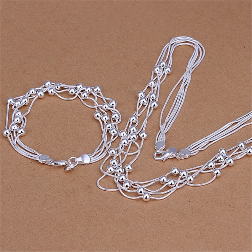 

New fashion 925 Sterling Silver Bracelet necklace Jewelry sets for women men classic five chain beads Fashion Party Gift wedding