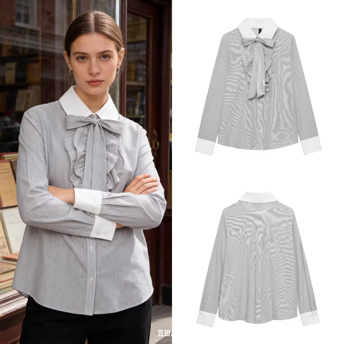 Women's Elegant Casual Top Spring Commuter Versatile Striped Bow Detail Shirt Simple Single-Breasted Long Sleeve Blouse