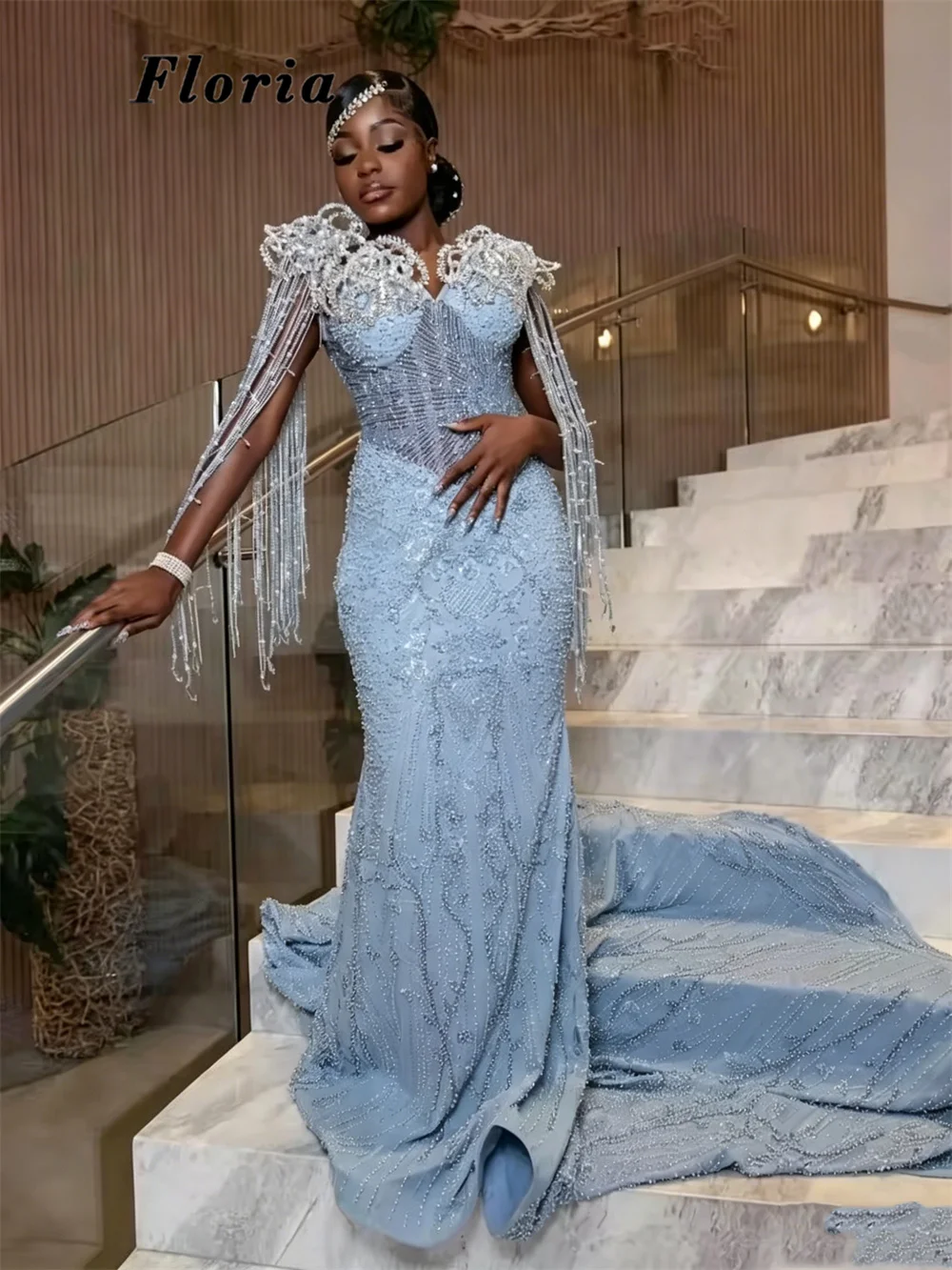 Nigeria Blue Mermaid Prom Dresses Customized Beaded Tassel Shoulder Red Carpet Runway Dress Aso Ebi Crystals Party Evening Gowns