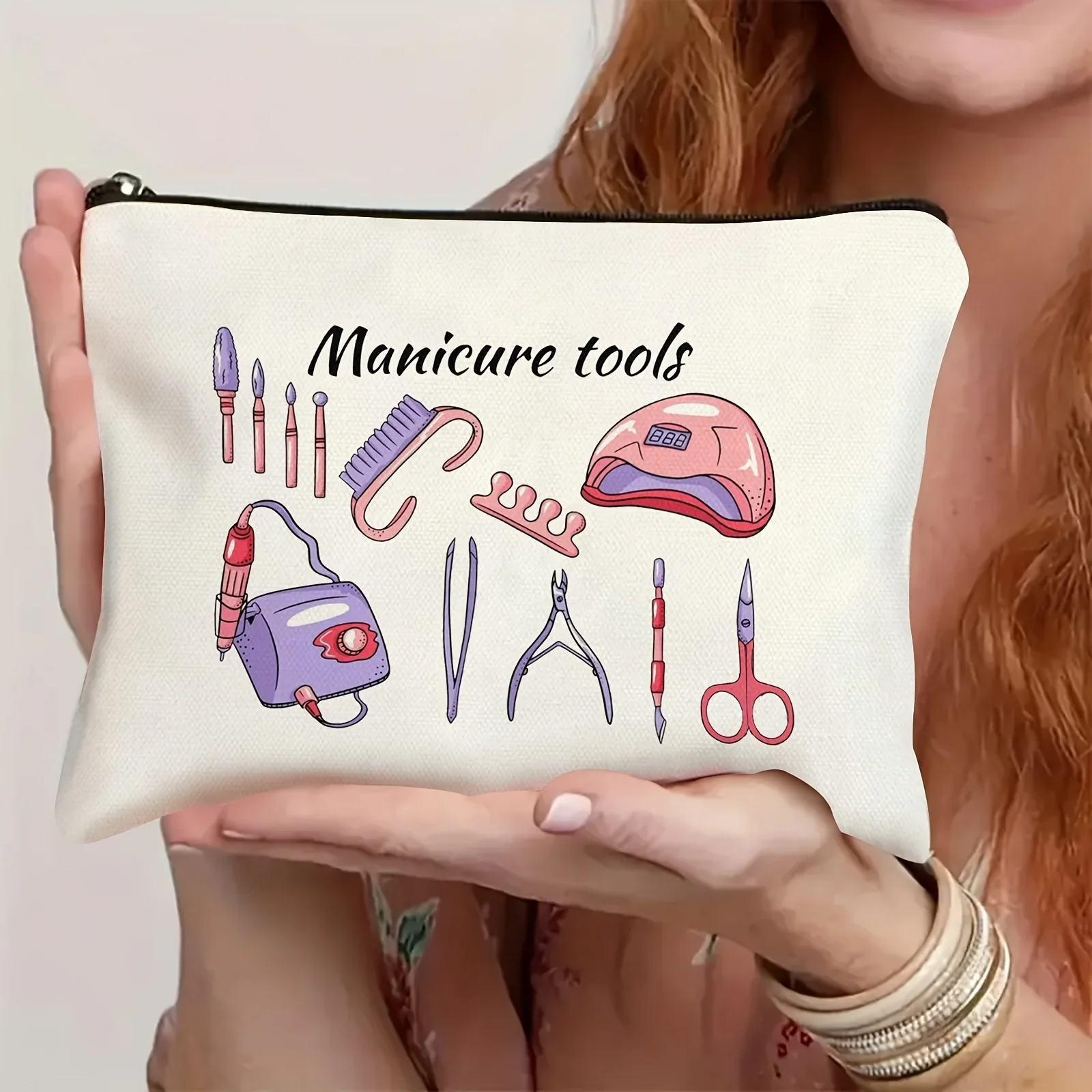 Stylish White Manicure Tools Organizer Bag with Fun Print Versatile Makeup Pouch Unisex Adult Design, Nail Polish Organizer Bag