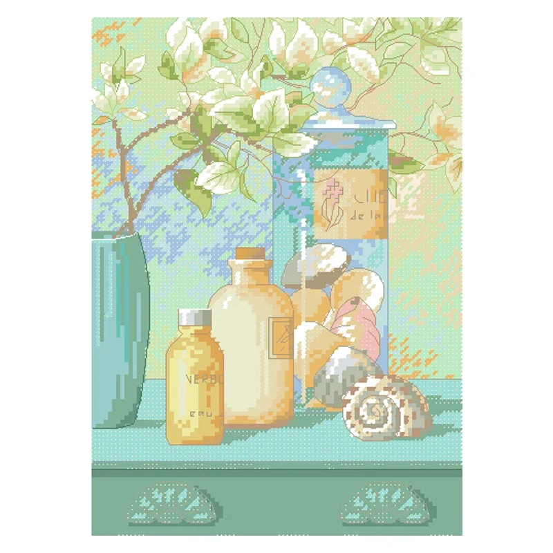 Amishop Top Quality Beautiful Lovely Counted Cross Stitch Kit Sanctuary Shells Glass Bottle And Shell Dim 65050