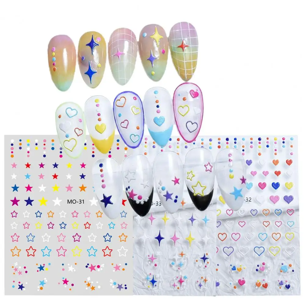 Nail Decoration Sticker Embossed 5d Nail Stickers Macaron Color Heart Star Dot Patterns Easy Remove Manicure Art Decals for Cute