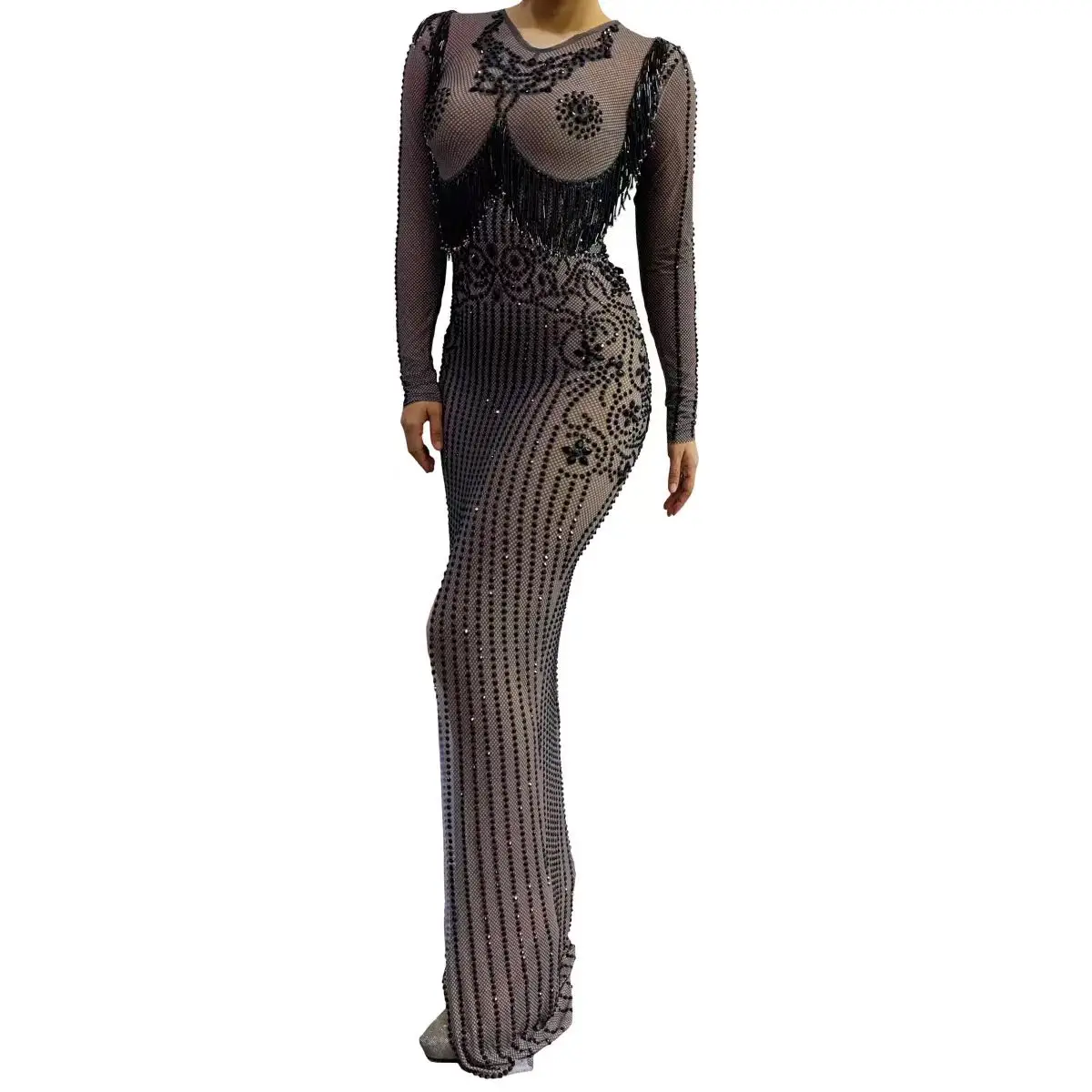 Full Diamond Mesh Perspective Slimming Sexy Open Skirt Nightclub Bar DJ Female Singer Dance Team Stage Clothing Party Theme Show