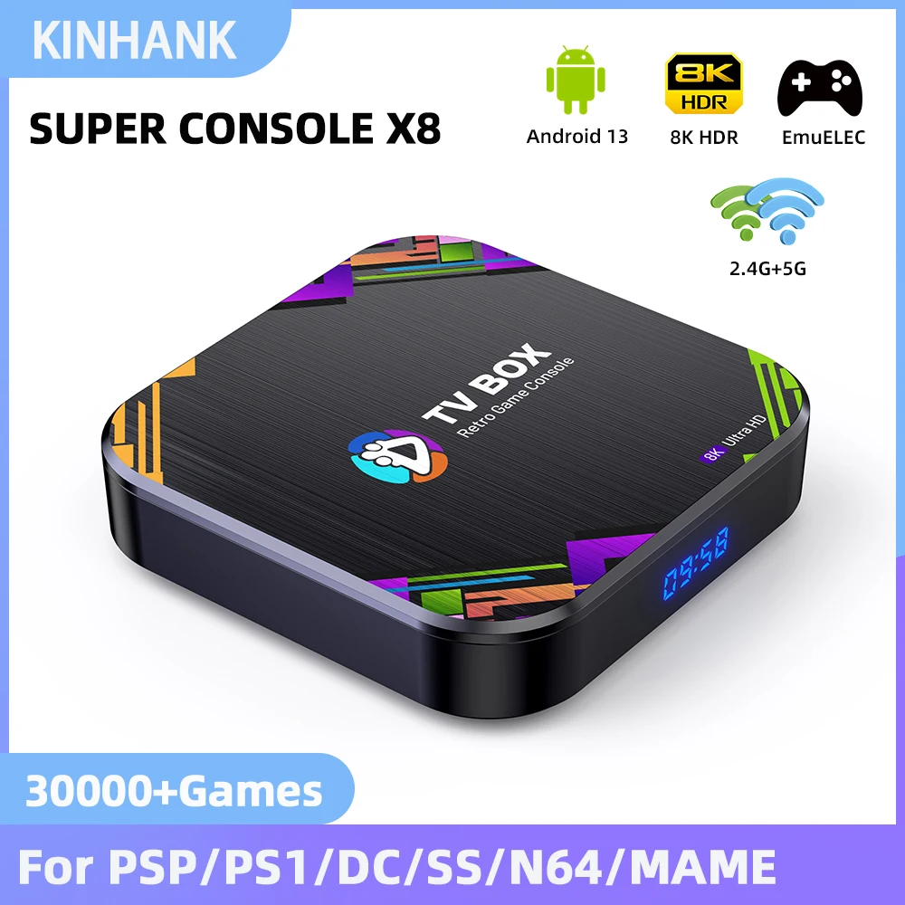 

KINAHNK Super Console X8 Retro Video Game Console 30000 Video Games 4+32G for 60+Emulator PSP/PS1/DC/SS/N64/MAME 8K Output