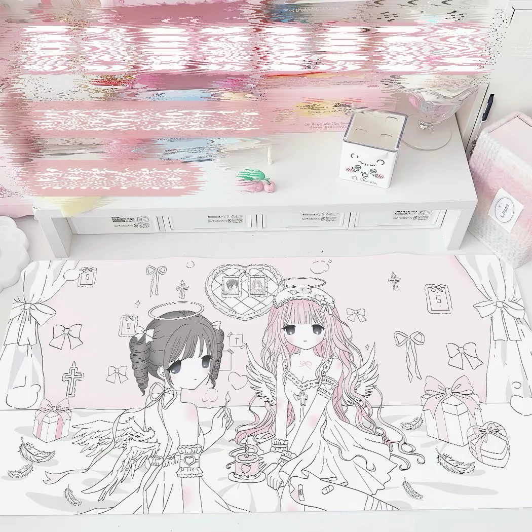 Pink anime cute mouse pad, leather material, keyboard and computer desk mat.