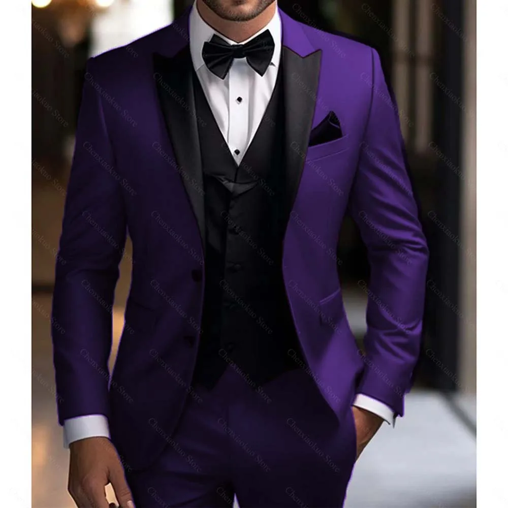Men Suits 3 Piece Elegant Peak Lapel Single Breasted Tuxedo Slim Groom Wedding Party Formal Male Suit (Blazer+Vest+Pants)