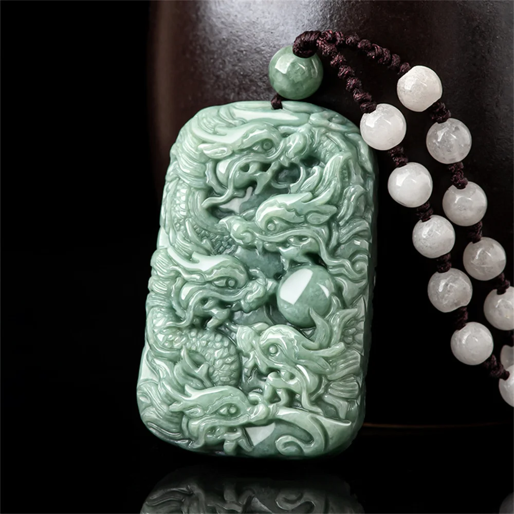 Natural Green Grade A Jadeite Carved Chinese Handwork Nine Dragon Amulet Pendant Lucky Necklace + Certificate Charm Fine Jewelry