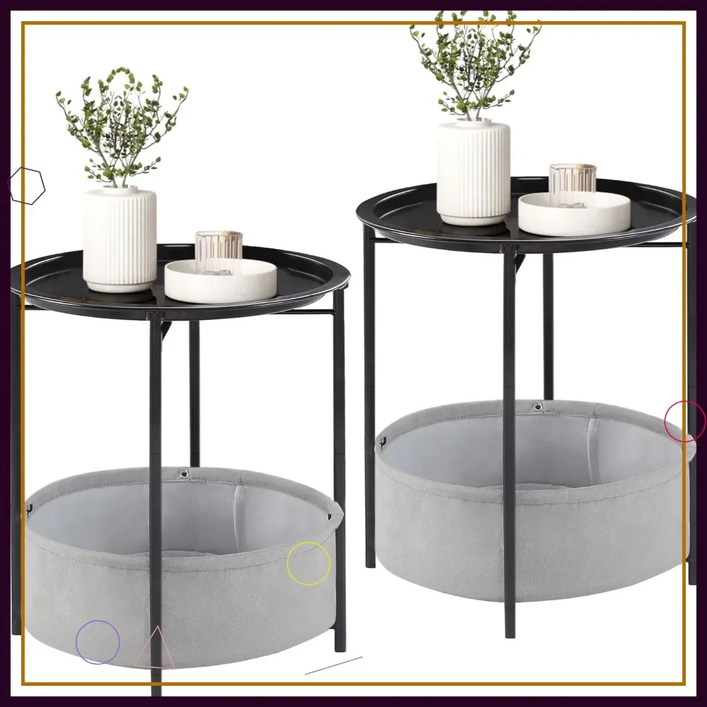 

Round Metal Side Table with Removable Storage Basket, Anti-Rust Waterproof Nightstand for Living Room & Balcony, Black (2pcs)