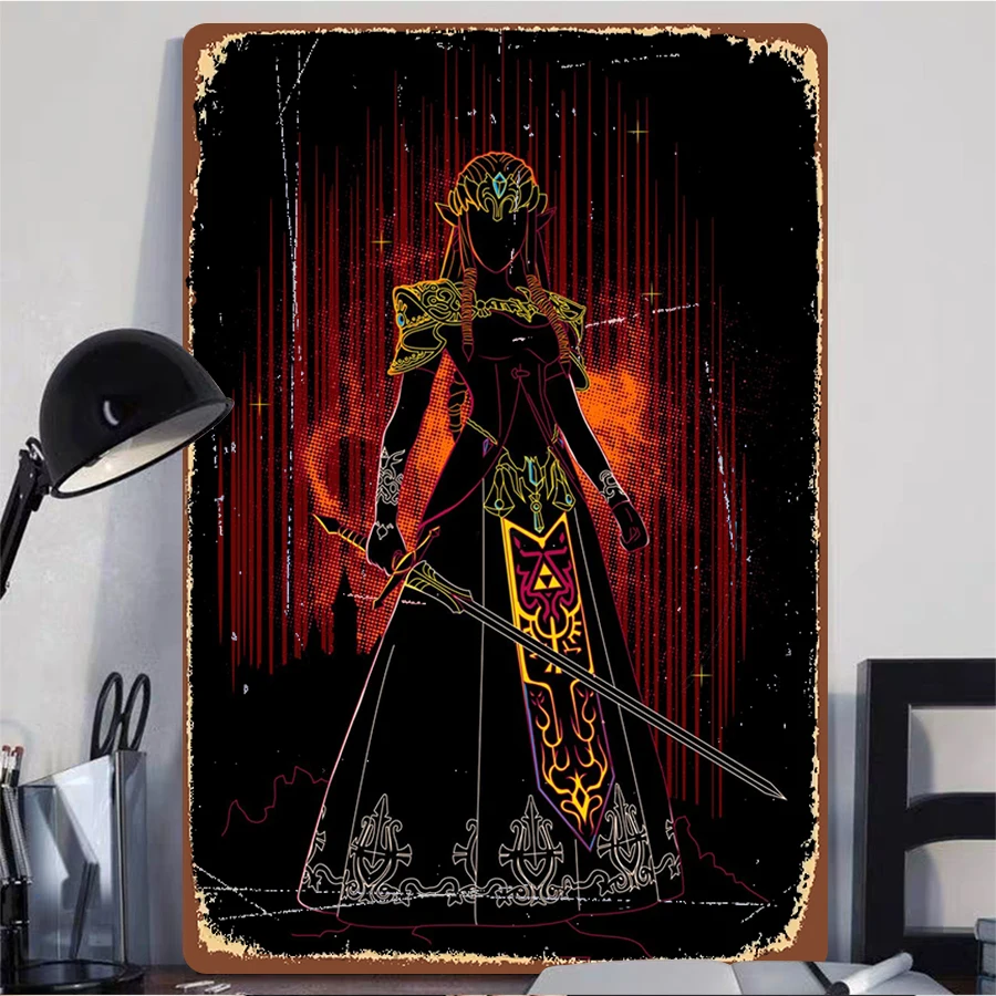 Zelda Princess Silhouette Metal Wall Art with Glowing Sword and Triforce Pattern Home Decor for Game Fans