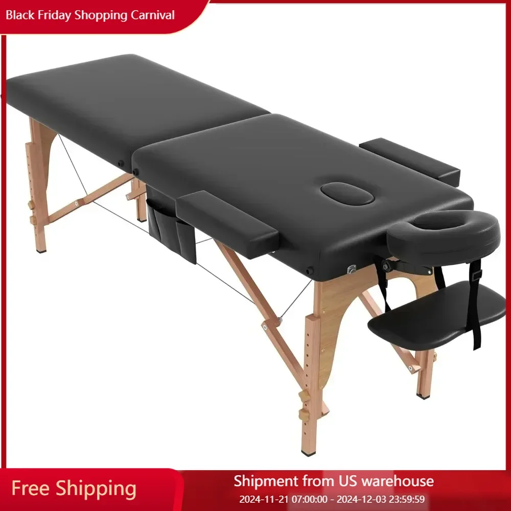 Massage Table Portable,2 Section Foldable Tattoo Bed  Height Adjustable Wooden Frame with Accessories Carrying Bag, Massage Bed