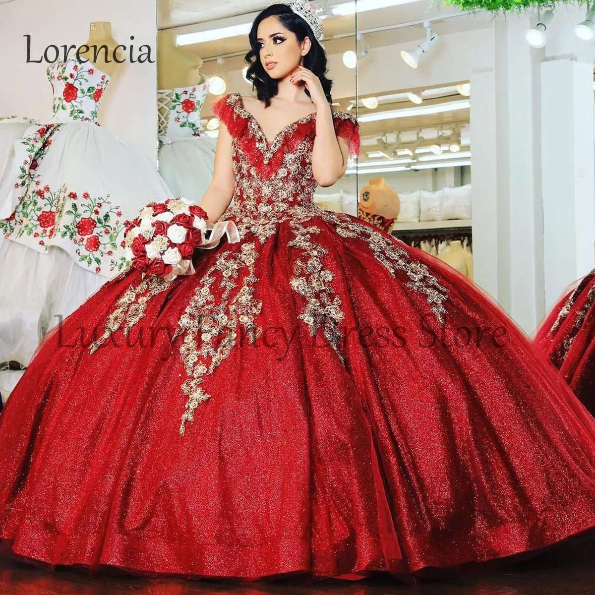 

Mexican 2024 Red Quinceanera Dress Ball Gown Applique Beading Off Shoulder Crystals Corset Bow Sweet 16 Vestidos De 15 Años