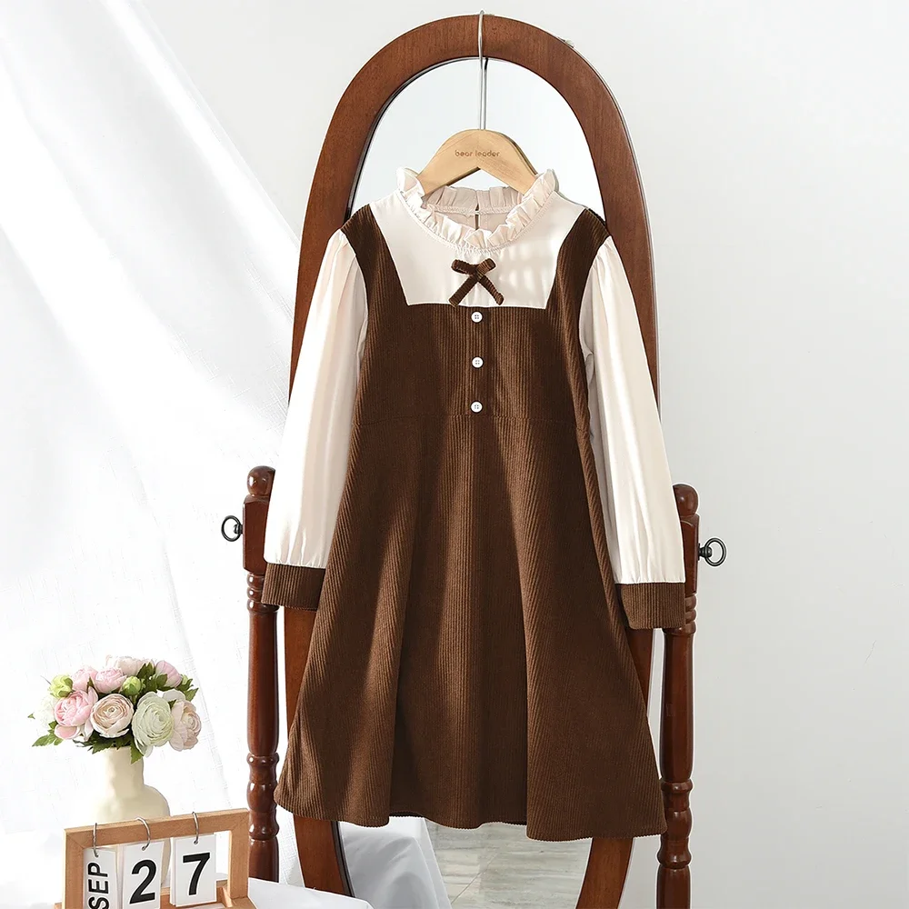 Girls and Teenagers Aged 8-12 Fall New School Children's Clothes Lace Long Sleeved Bow Color Blocked Dress Korean Version
