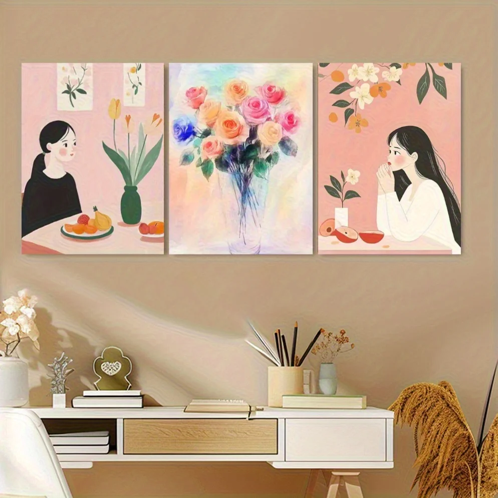 2D Flat, 3pcs Pastel Pink & Soft Peach Floral Abstract Wall Art - Canvas Paintings Suitable for Living Room,, Soft Pastel Hue