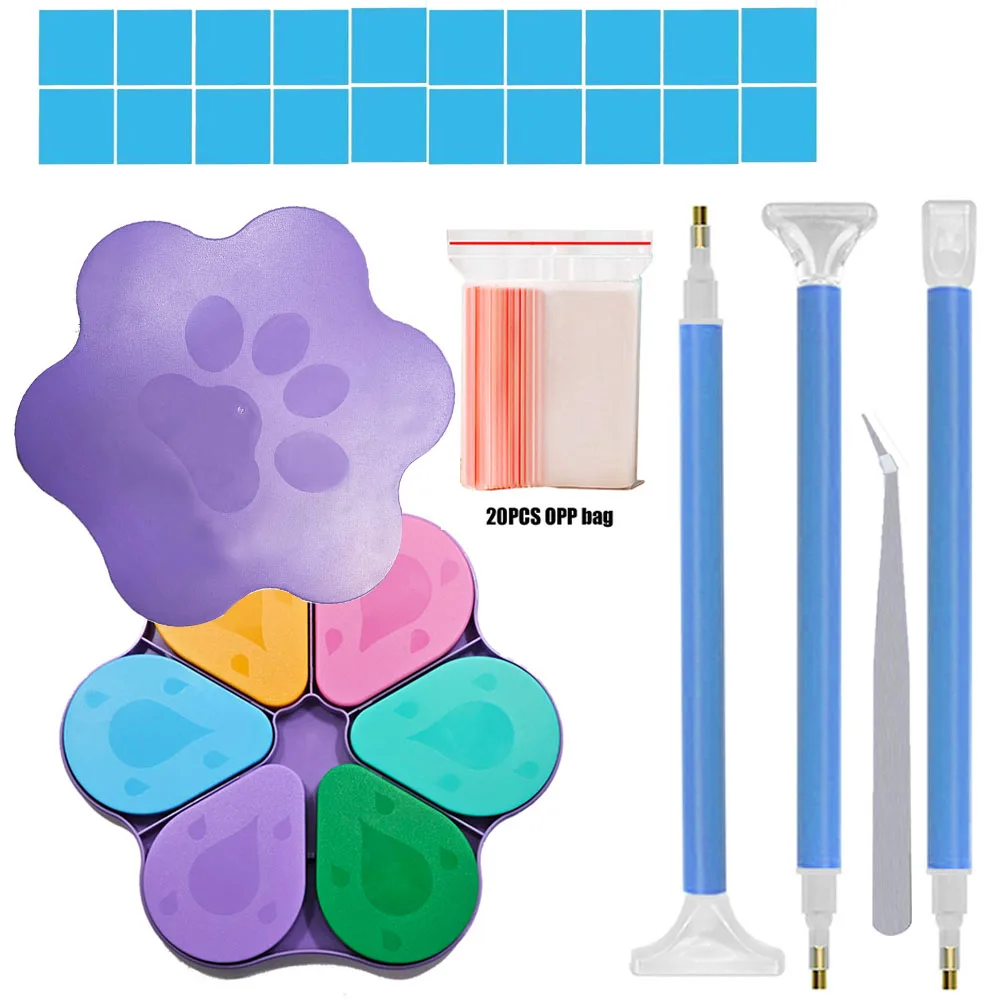 Cat Paw Design Diamond Painting Tool Kit with 6-Grid Bead Storage Tray Diamond Painting Pen Tweezers Glue Clay And OPP Bags for