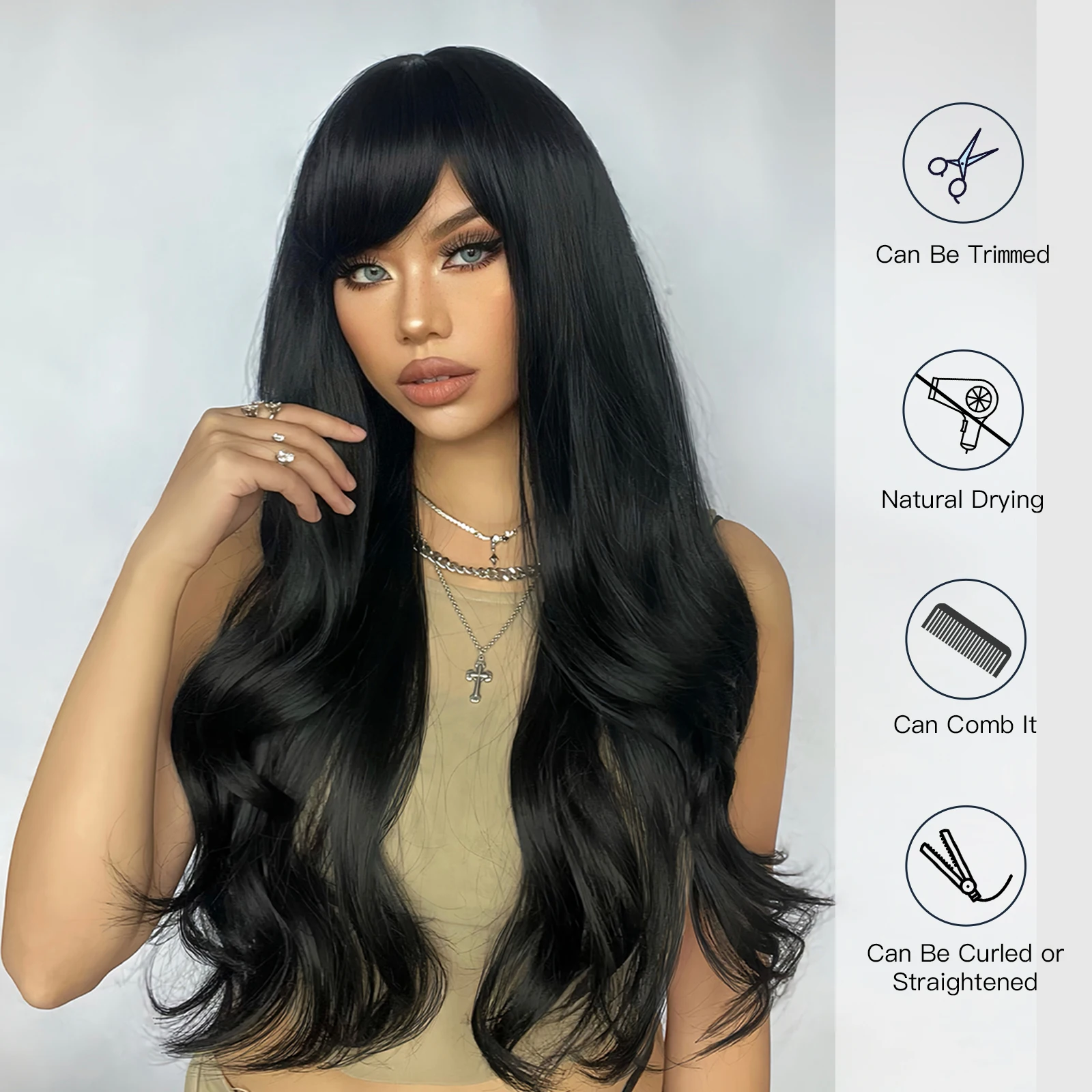 ALAN EATON Long Black Synthetic Wigs with Bangs Natural Wavy Wig for Women Daily Party Natural Looking Hair Heat Resistant Fiber