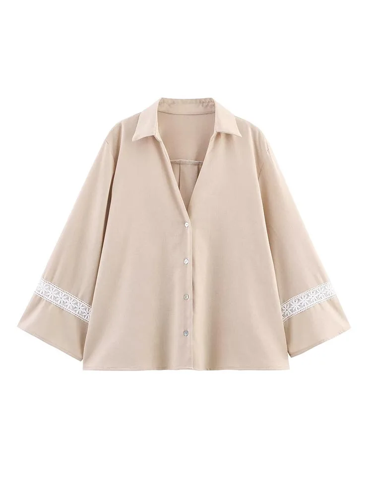 

2025 Women Summer Shirts Blouses Tops Fashion Solid Embroidery V-Neck Loose Female Elegant Street Top Clothing