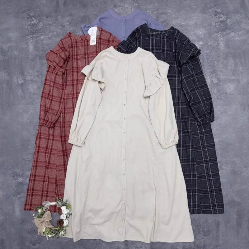 Johnature Brushed Both Sides Wear Dress With Fungus Edges 2025 Autumn Winter New Plaid Loose Casual Render Women Dresses